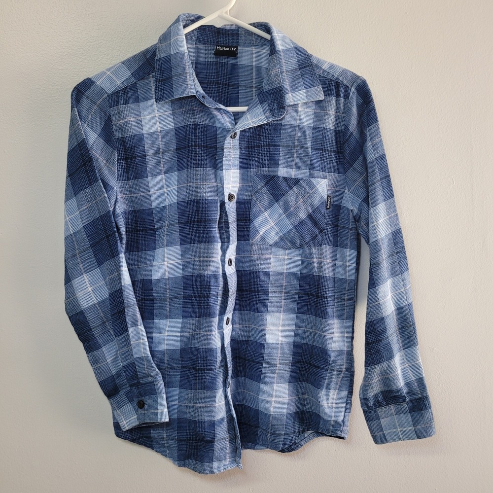 Hurley Boys Blue Plaid Long‎ Sleeve Button Down Shirt Size M 10 12